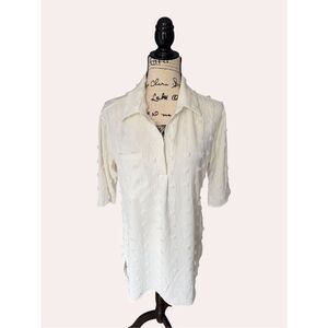 B Brand White Textured Clip Dot Tunic Blouse Sz S 3/4 Roll Tab Sleeve V-Neck